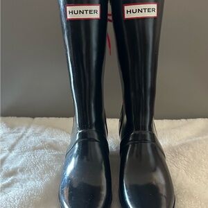 Hunter Glossy Black Tall Rain Boots with Logo Trim